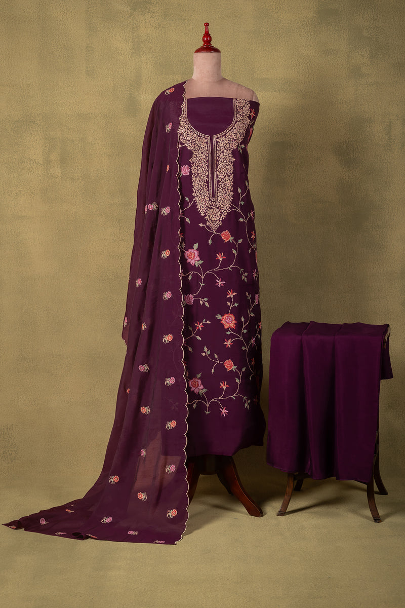 Deep Plum Floral Muslin Embroidered Unstitched Suit Sterling House