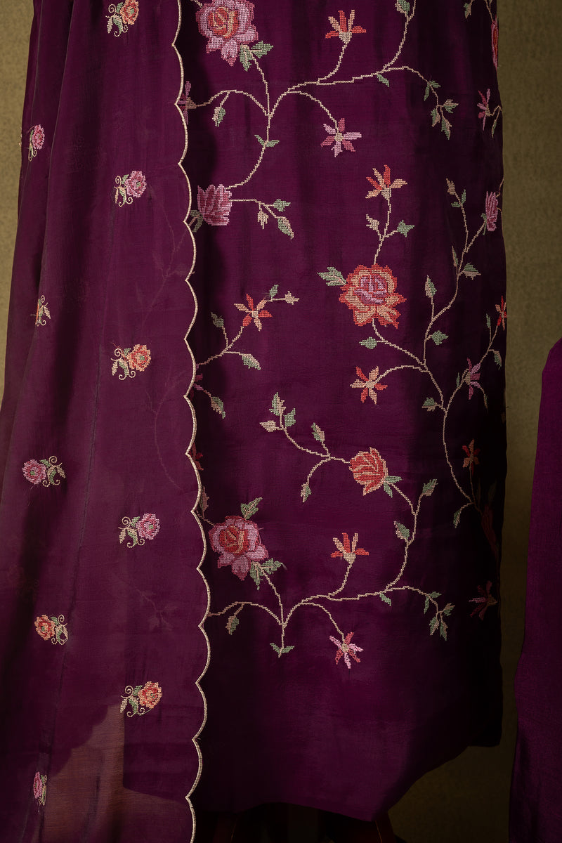 Deep Plum Floral Muslin Embroidered Unstitched Suit Sterling House