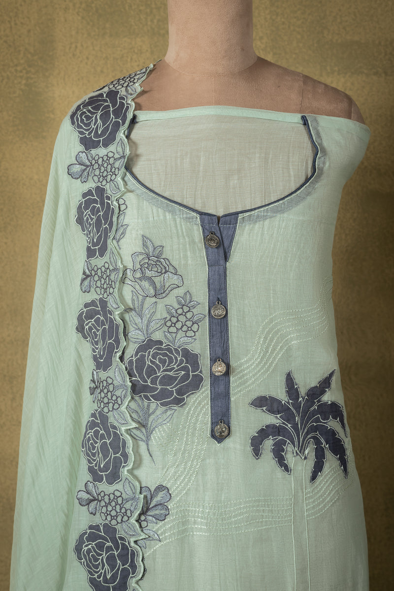 Mint Green Floral Embroidered Mul Unstitched Suit