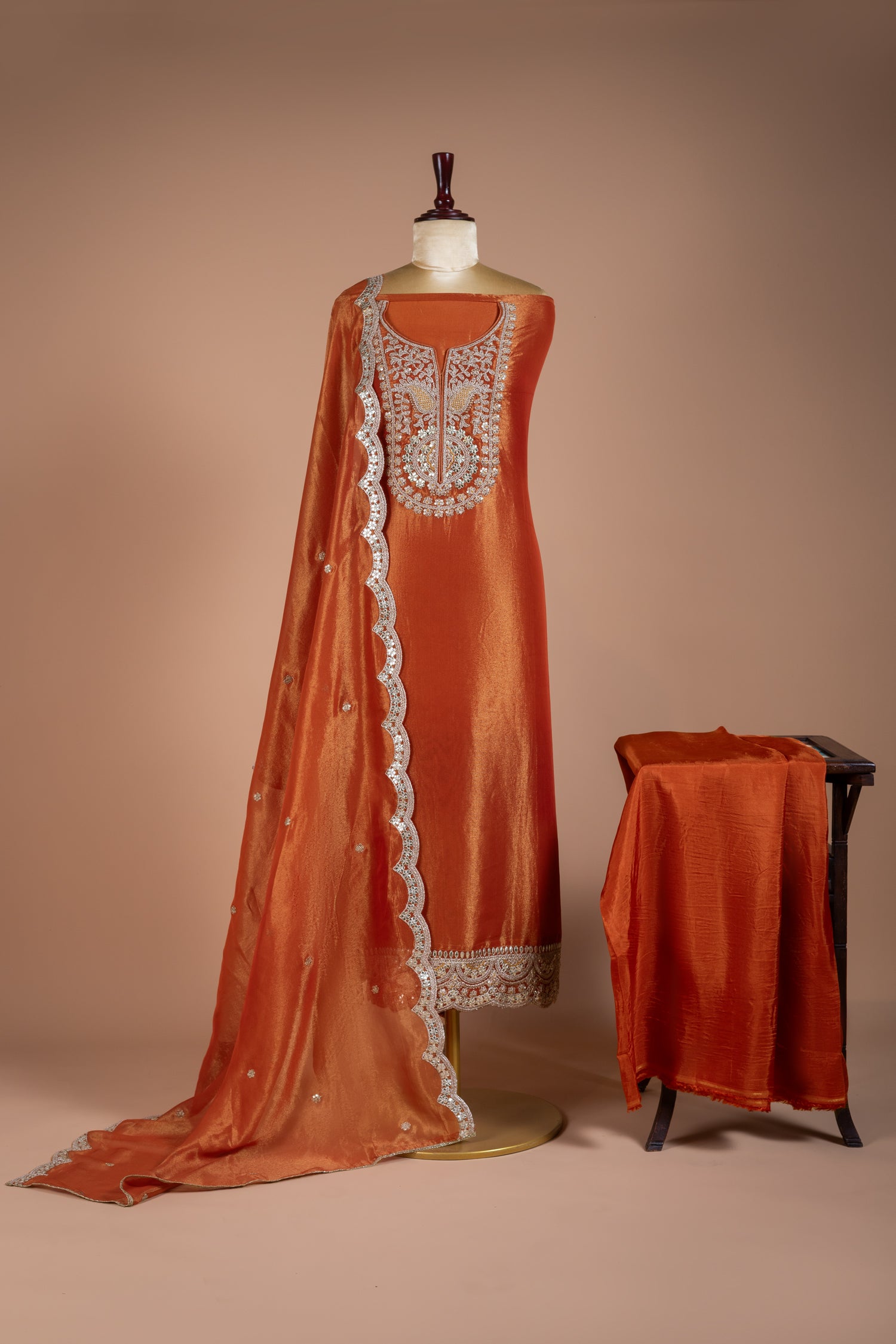 Luxe Orange Shimmer Silk Blend Suit Set