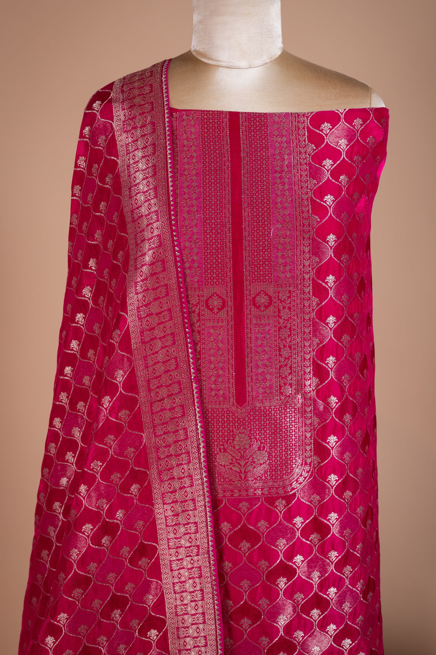 Luxe Rani Pink Banarasi Silk Blend Unstitched Suit set