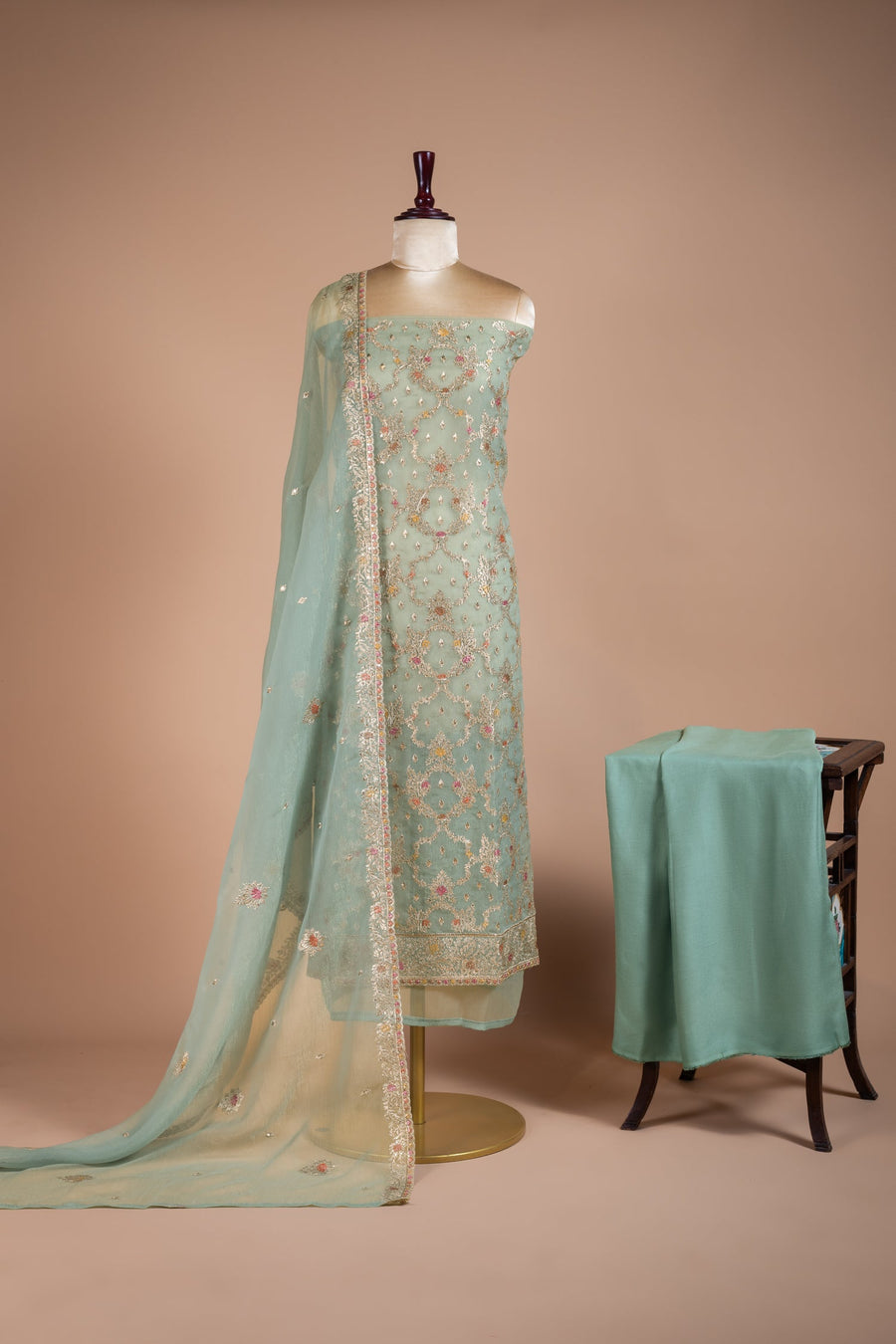 Blue Crush Shimmer Organza Unstitched Suit Set