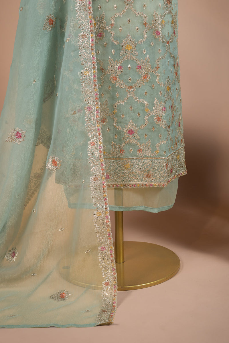 Luxe Blue Crush Shimmer Organza Unstitched Suit Set Sterling House