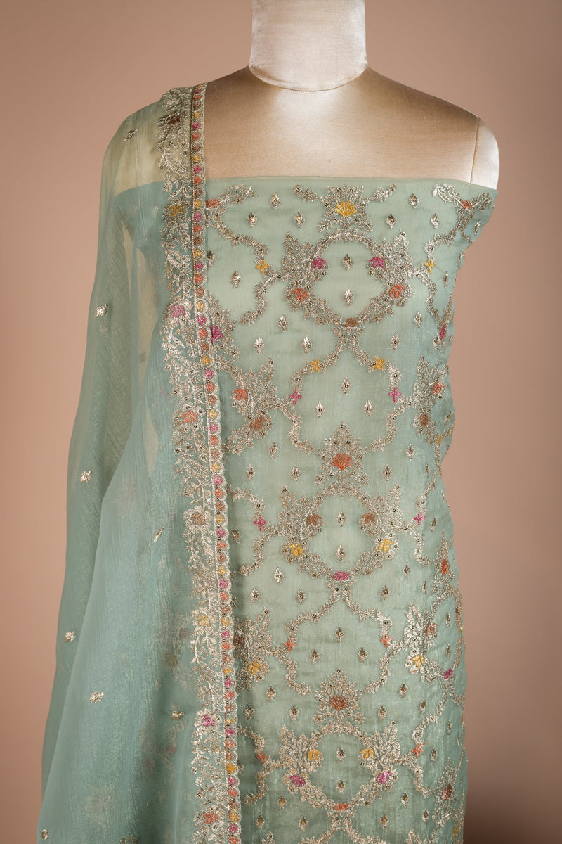 Luxe Blue Crush Shimmer Organza Unstitched Suit Set Sterling House