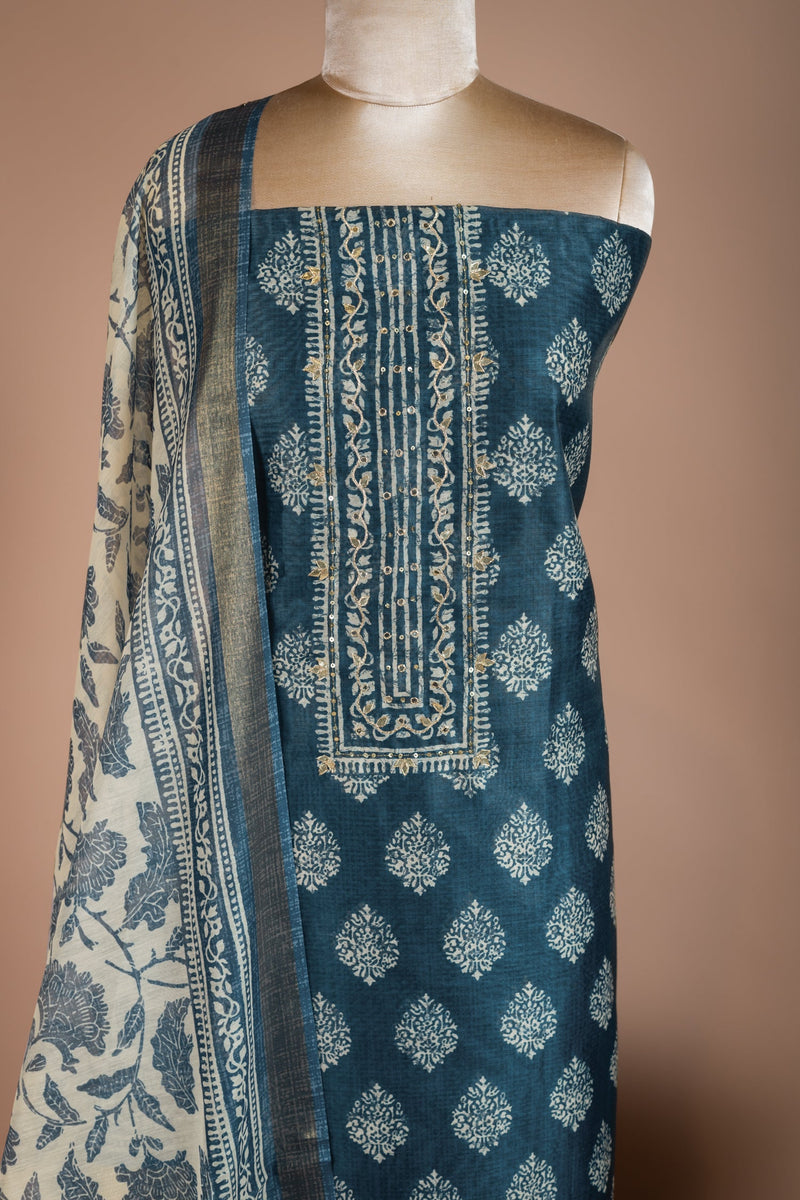 Roze Navy Blue Chanderi Silk Blend Unstitched Suit Set Sterling House