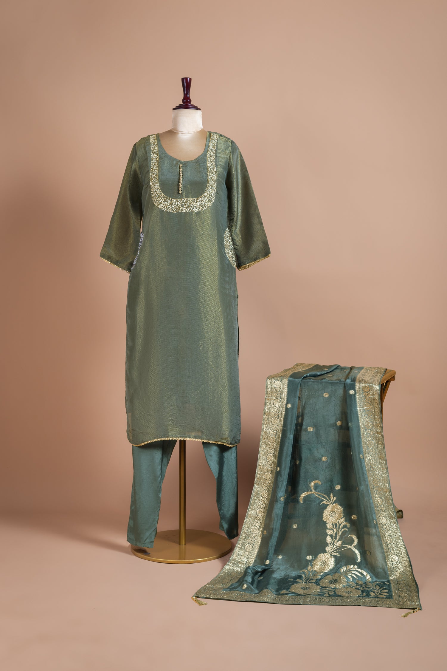 Afreen Ivory green Soft Shimmer Silk Suit Set