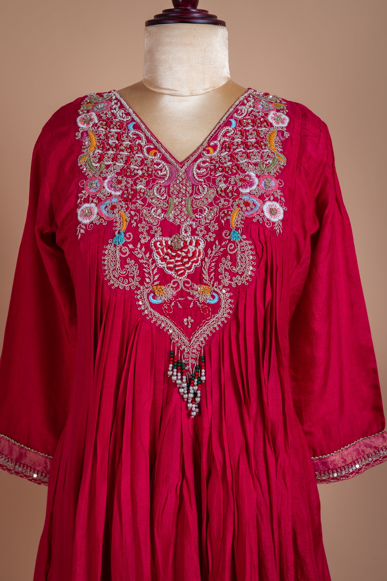 Luxe Red Santoon  Anarkali Silk Blend Set