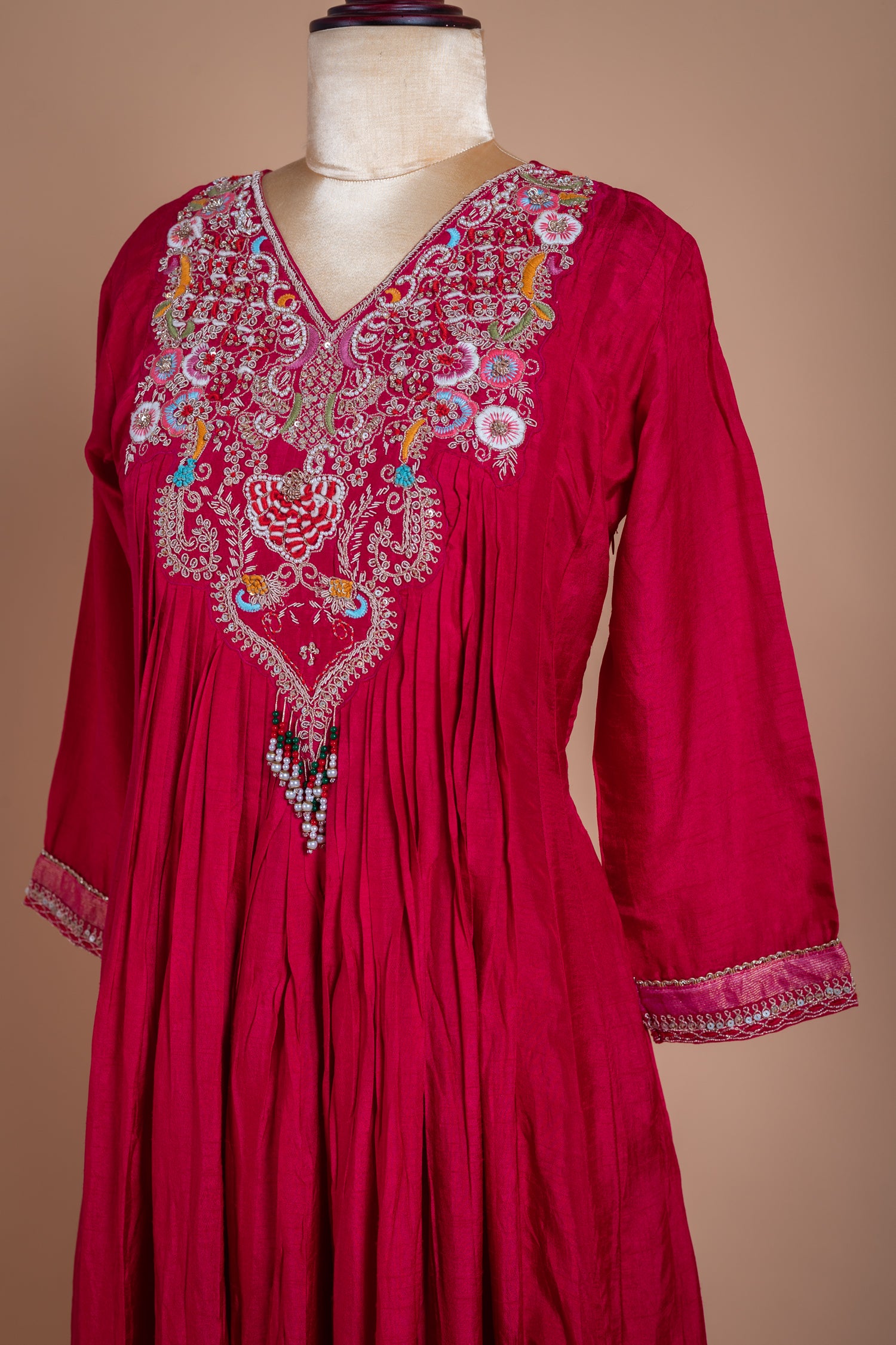 Luxe Red Santoon  Anarkali Silk Blend Set