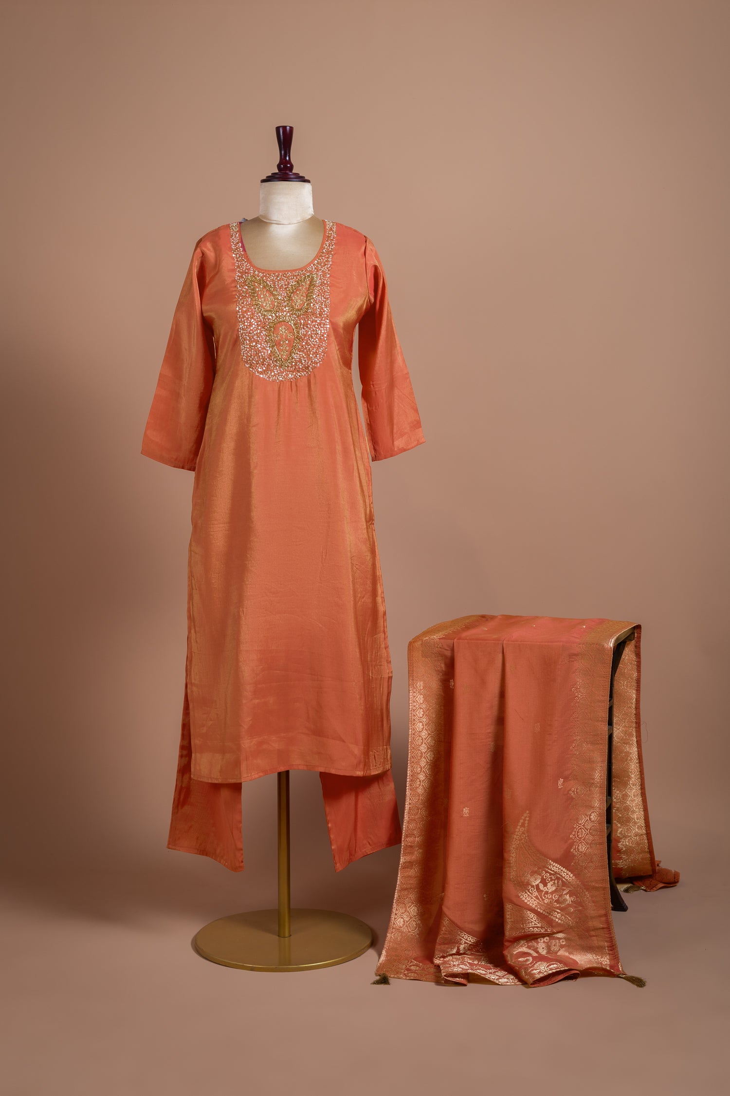 Soft Shimmer Silk Peach Readymade Suit Set