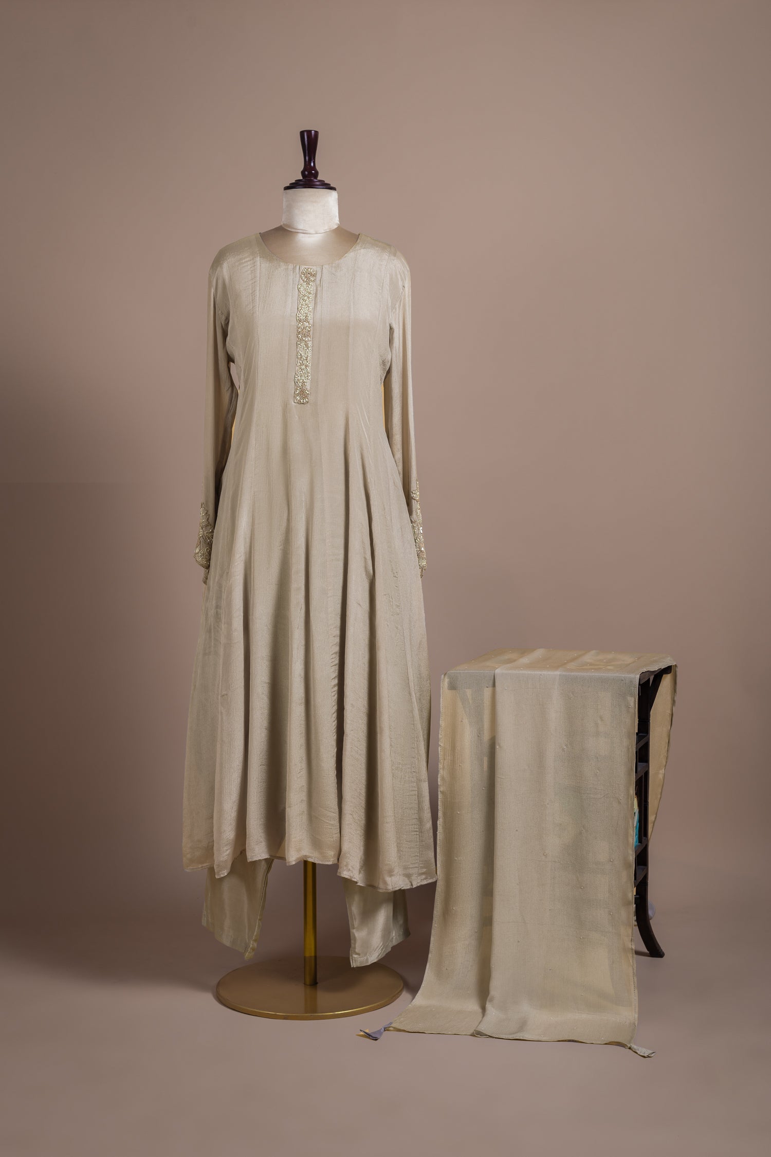 Afreen Almond Pink Chinnon Readymade Anarkali Set