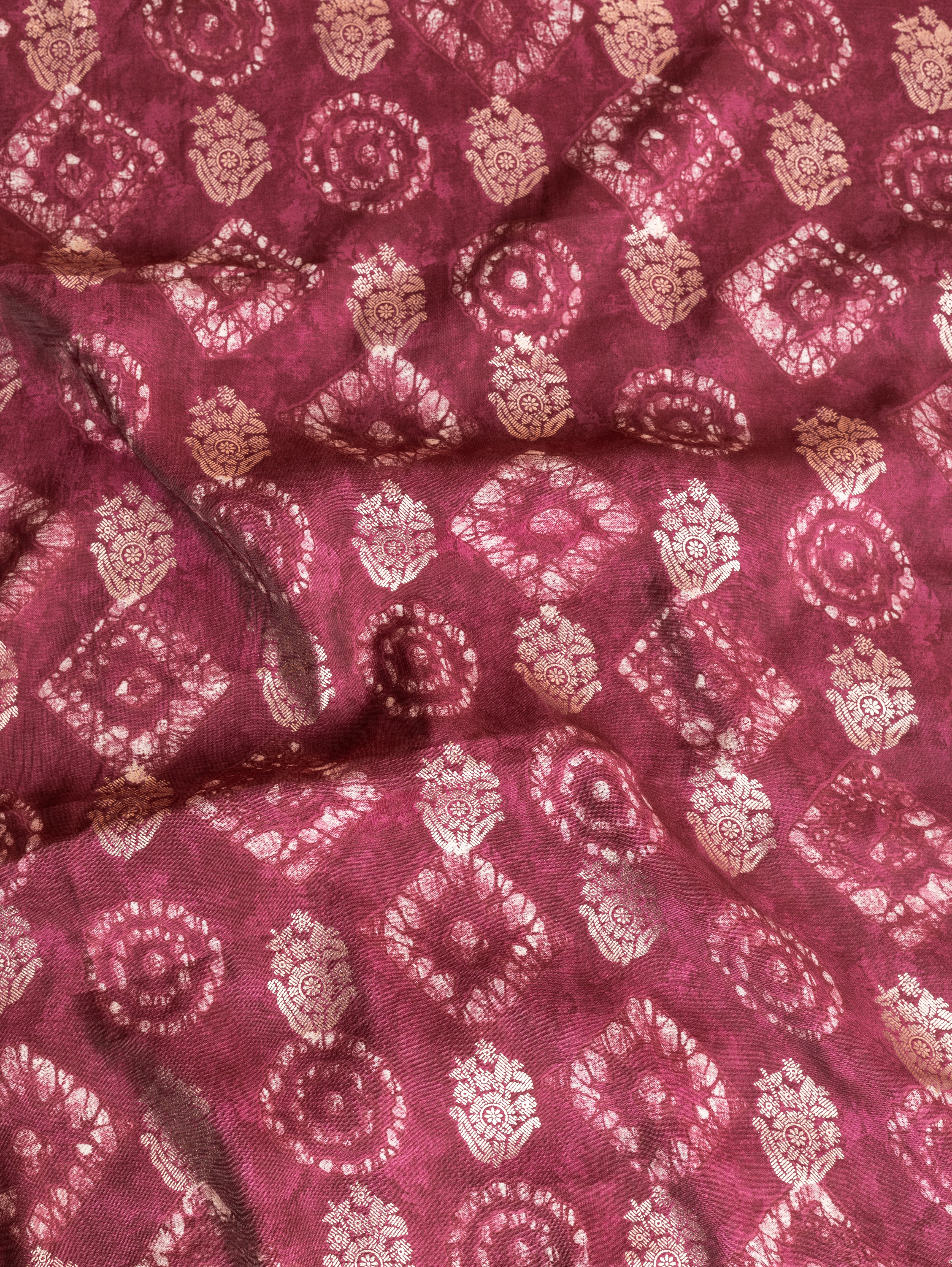 Roze Onion Pink Muslin Fabric with Geometric Print and Gold Weave
