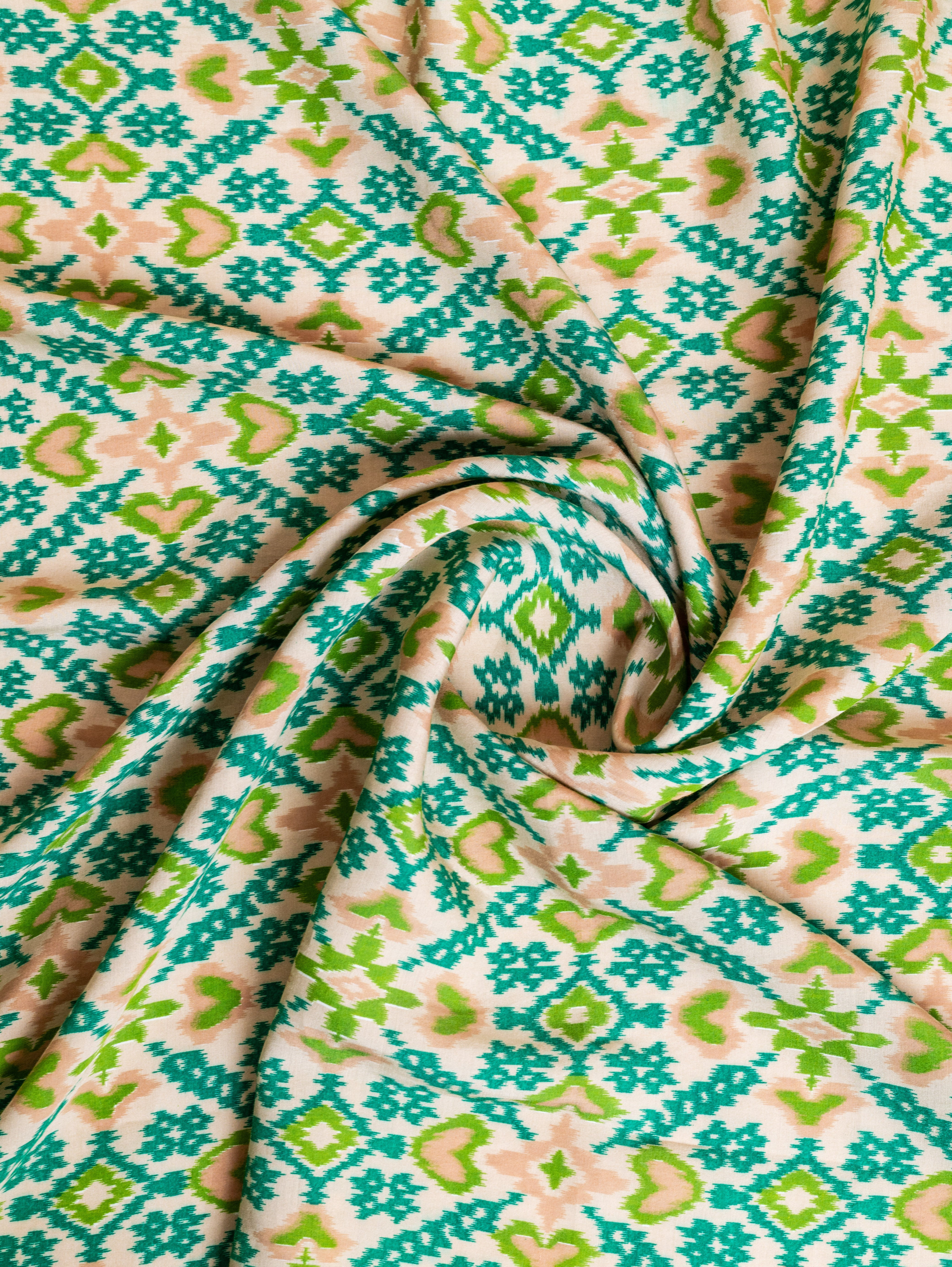 Roze Off-White and Green Muslin Fabric with Ikkat Print