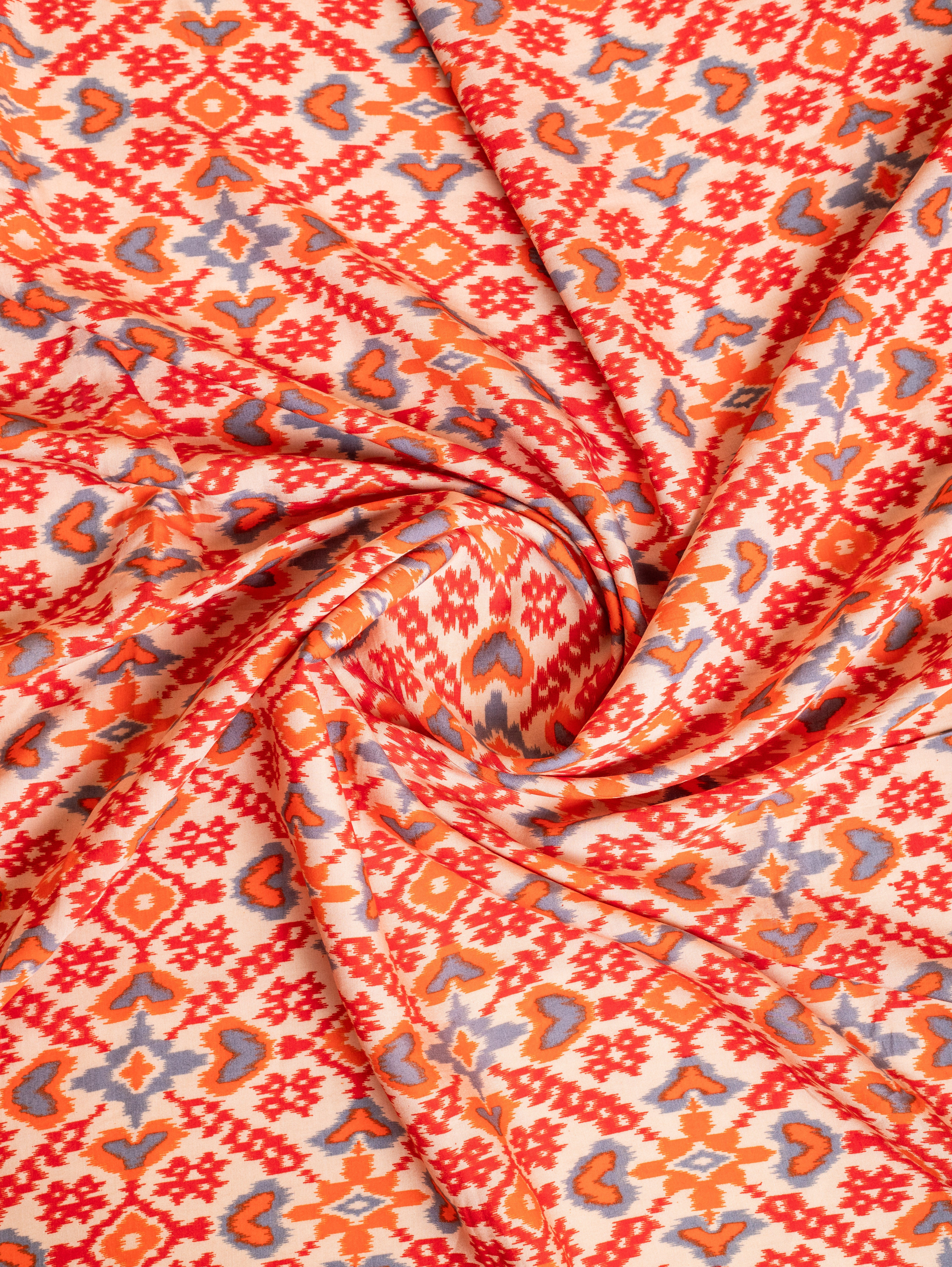 Roze Off-White and Orange Muslin Fabric with Ikkat Print