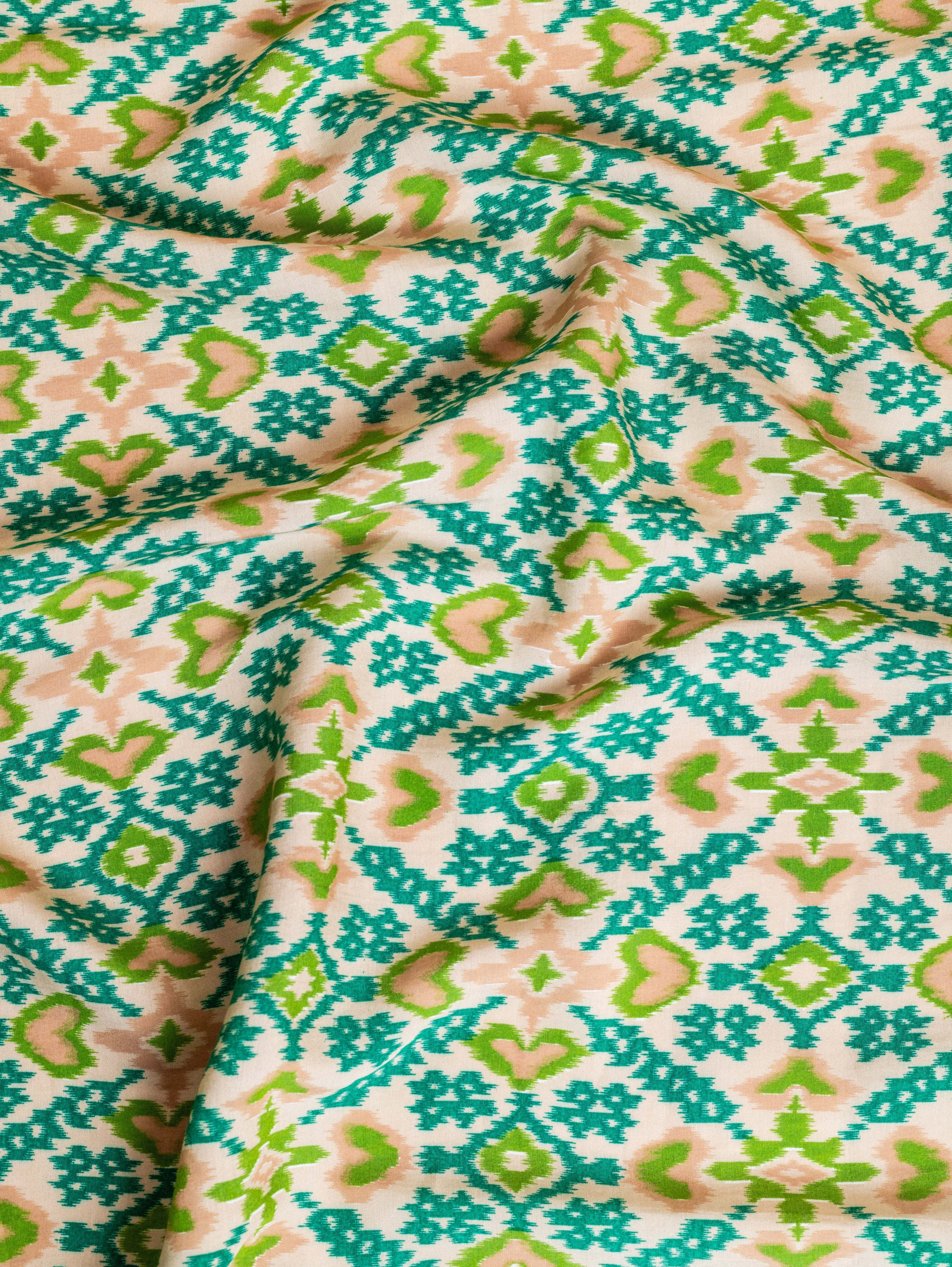 Roze Off-White and Green Muslin Fabric with Ikkat Print