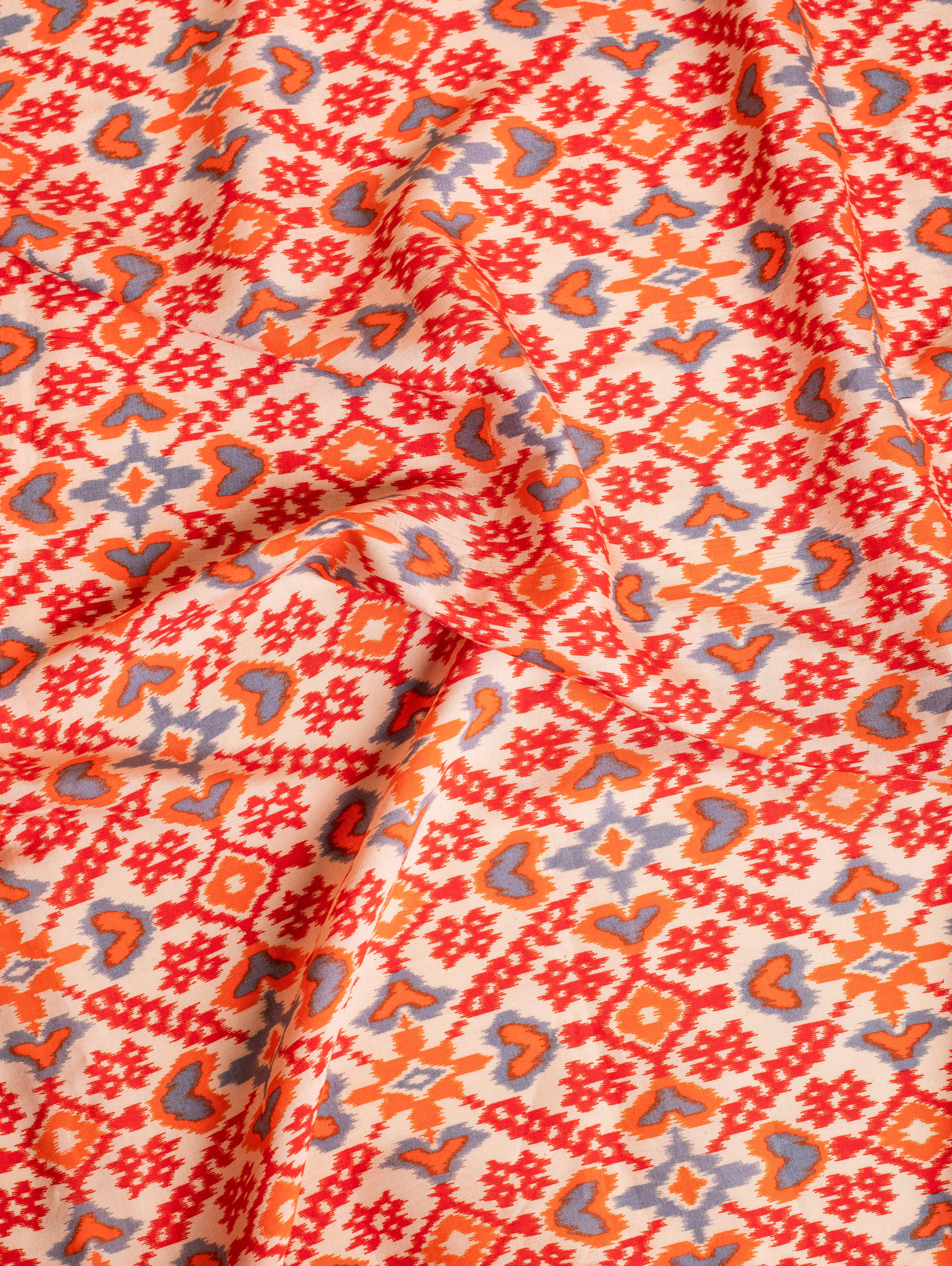 Roze Off-White and Orange Muslin Fabric with Ikkat Print