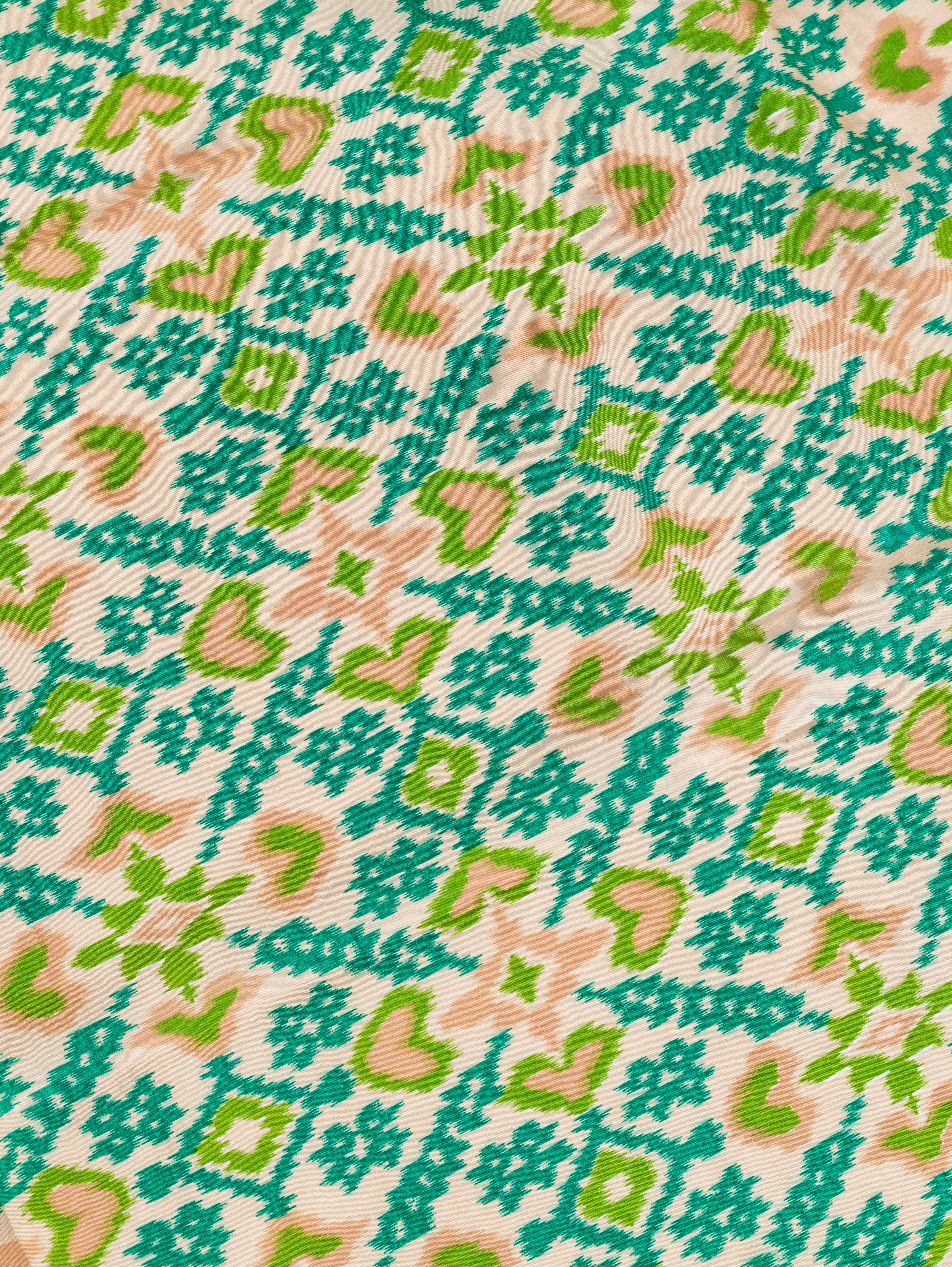 Roze Off-White and Green Muslin Fabric with Ikkat Print