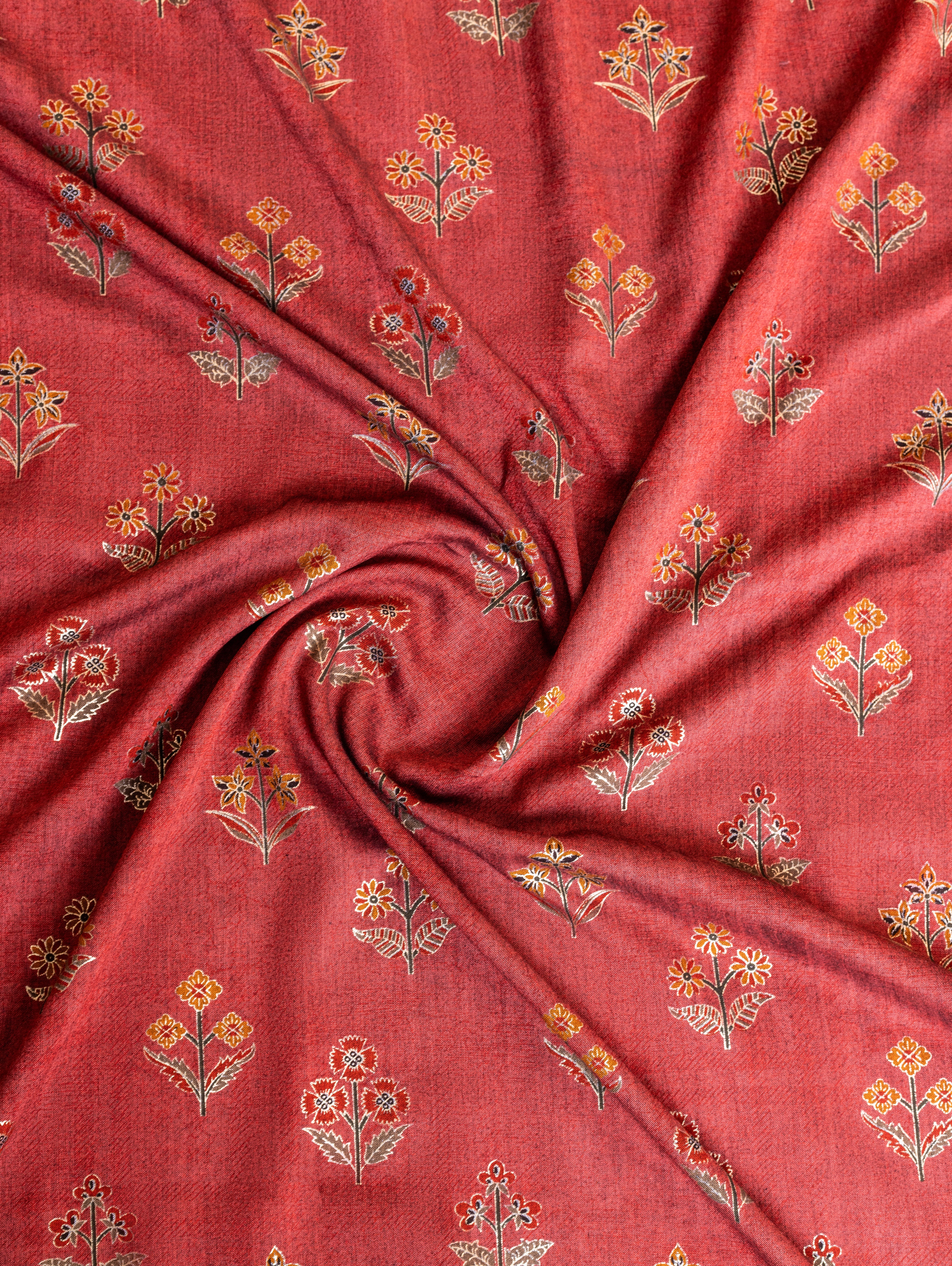 Roze Rust Rayon Fabric with Floral Print and Foil Detailing