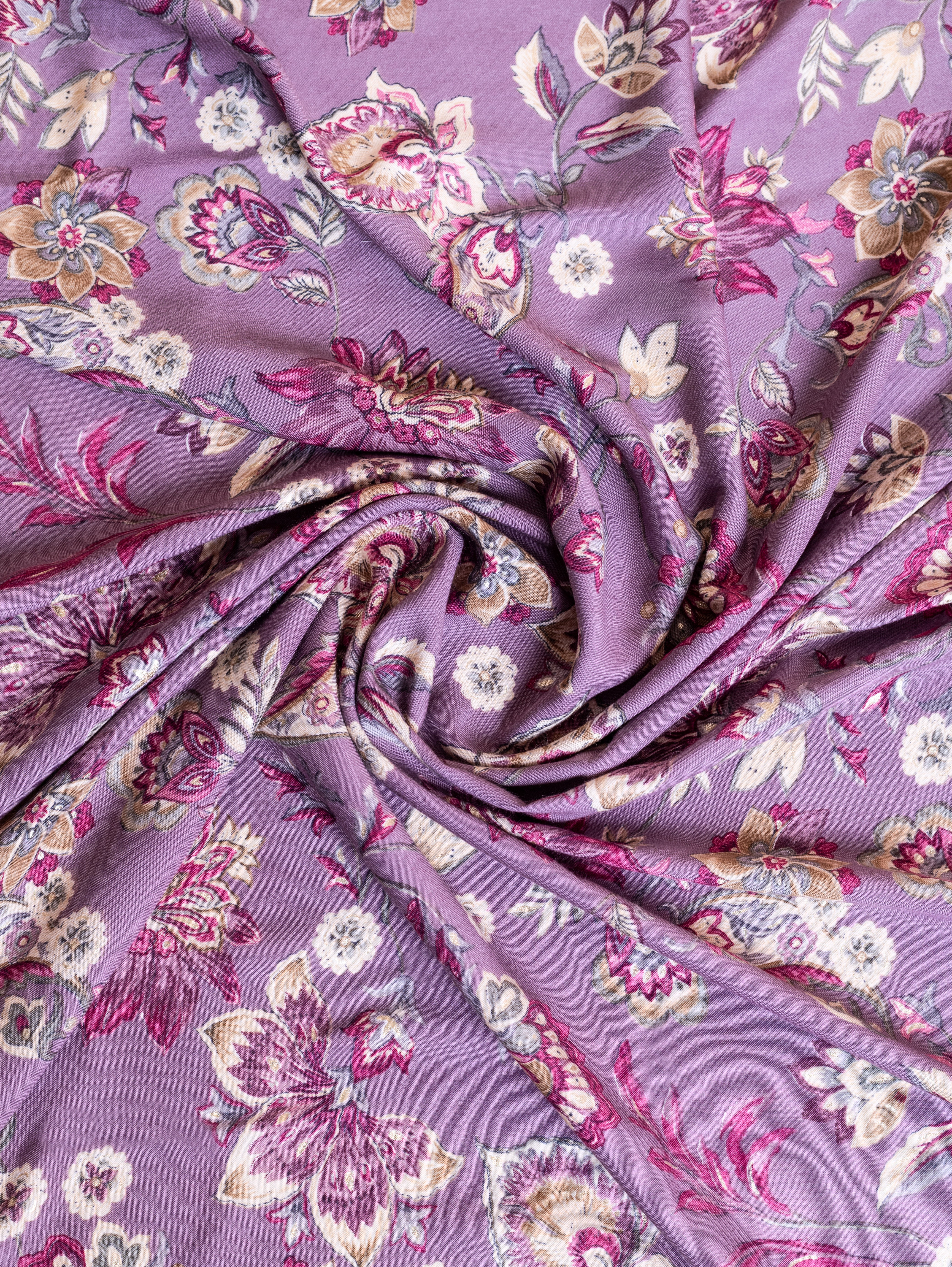 Roze Lavender Floral Rayon Fabric with Foil Detailing