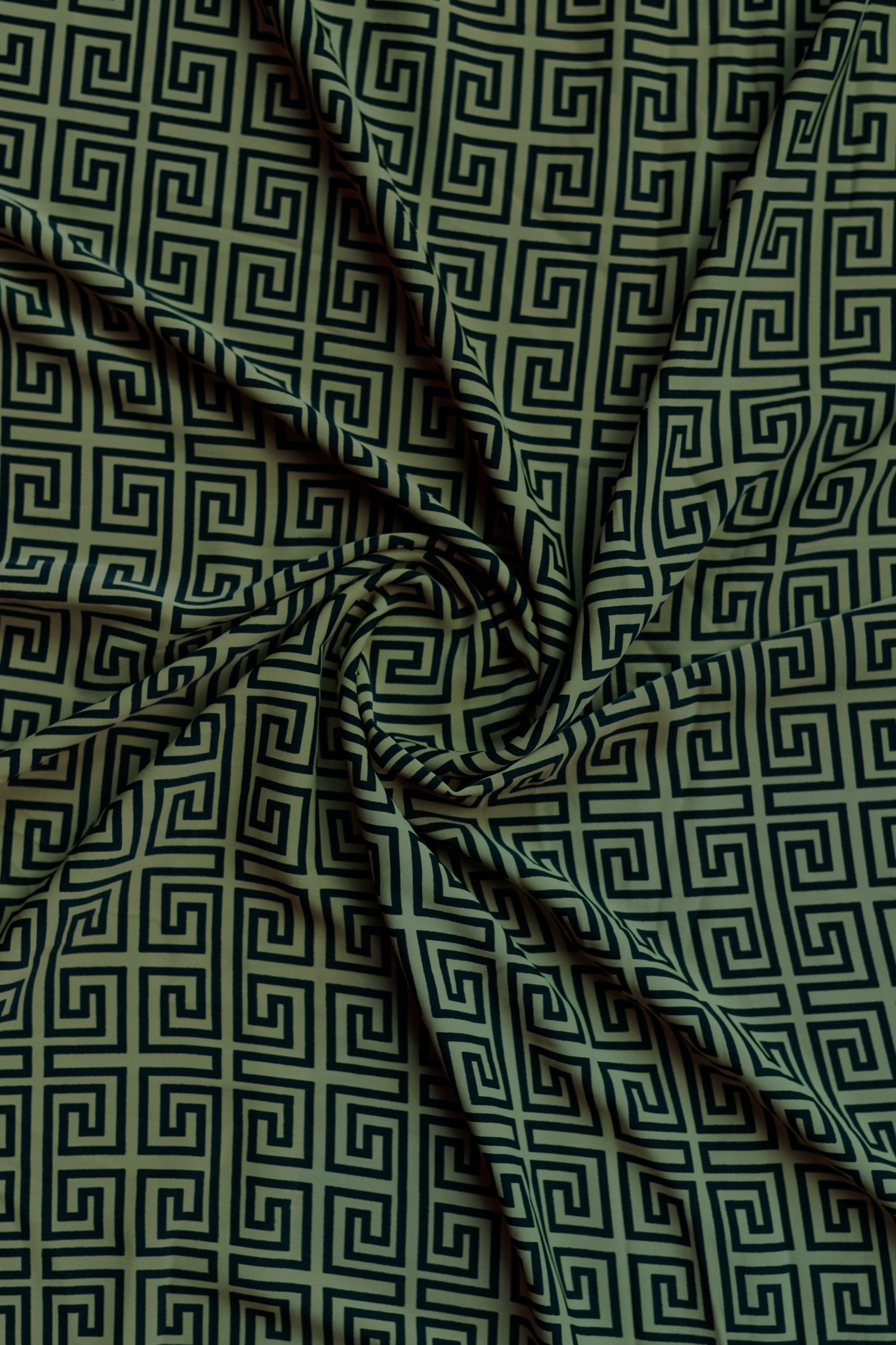 Roze Olive Green & Black Geometric Printed Crepe Fabric
