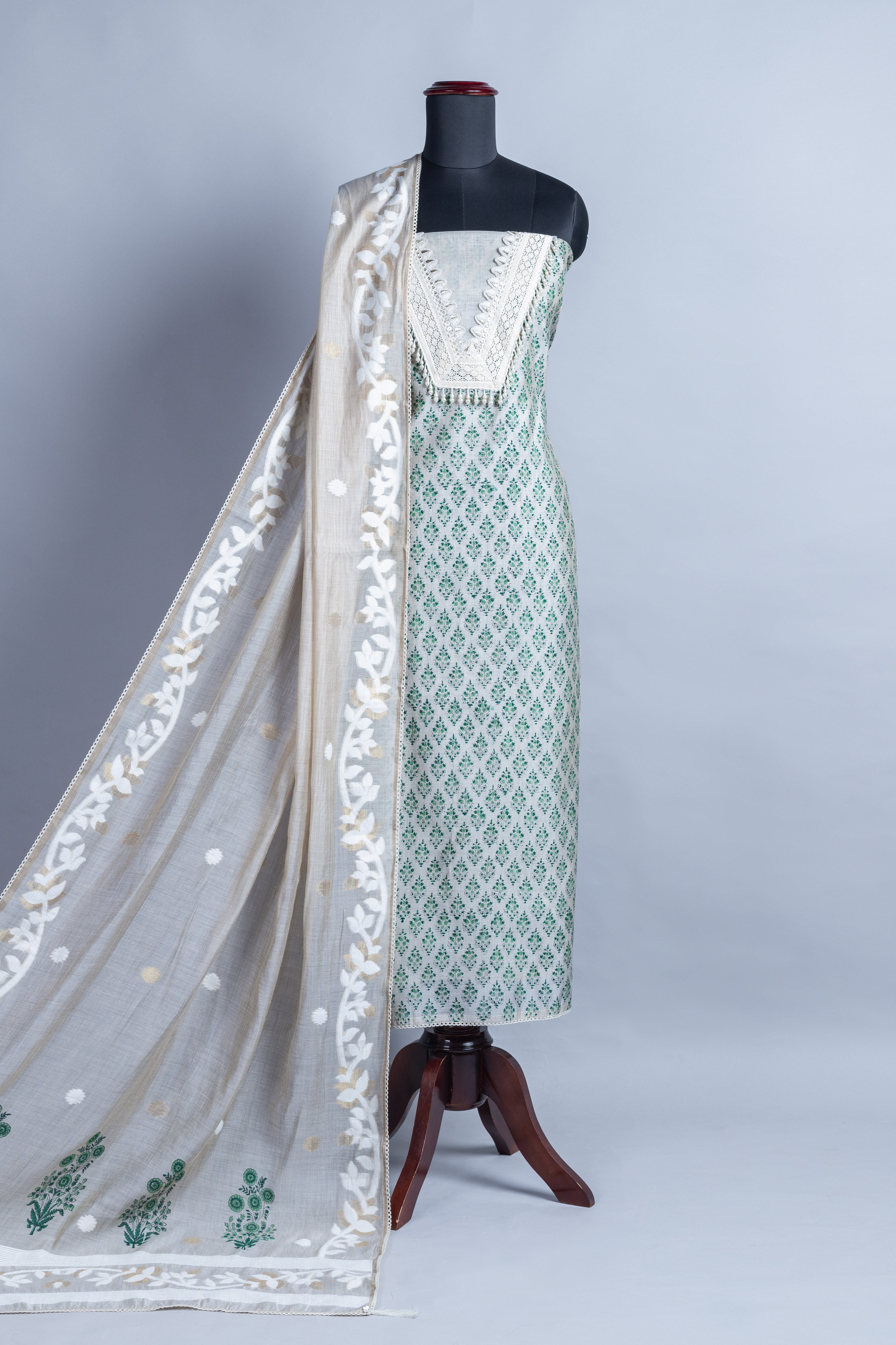 Luxe Pista Green Chanderi Printed Suit Set