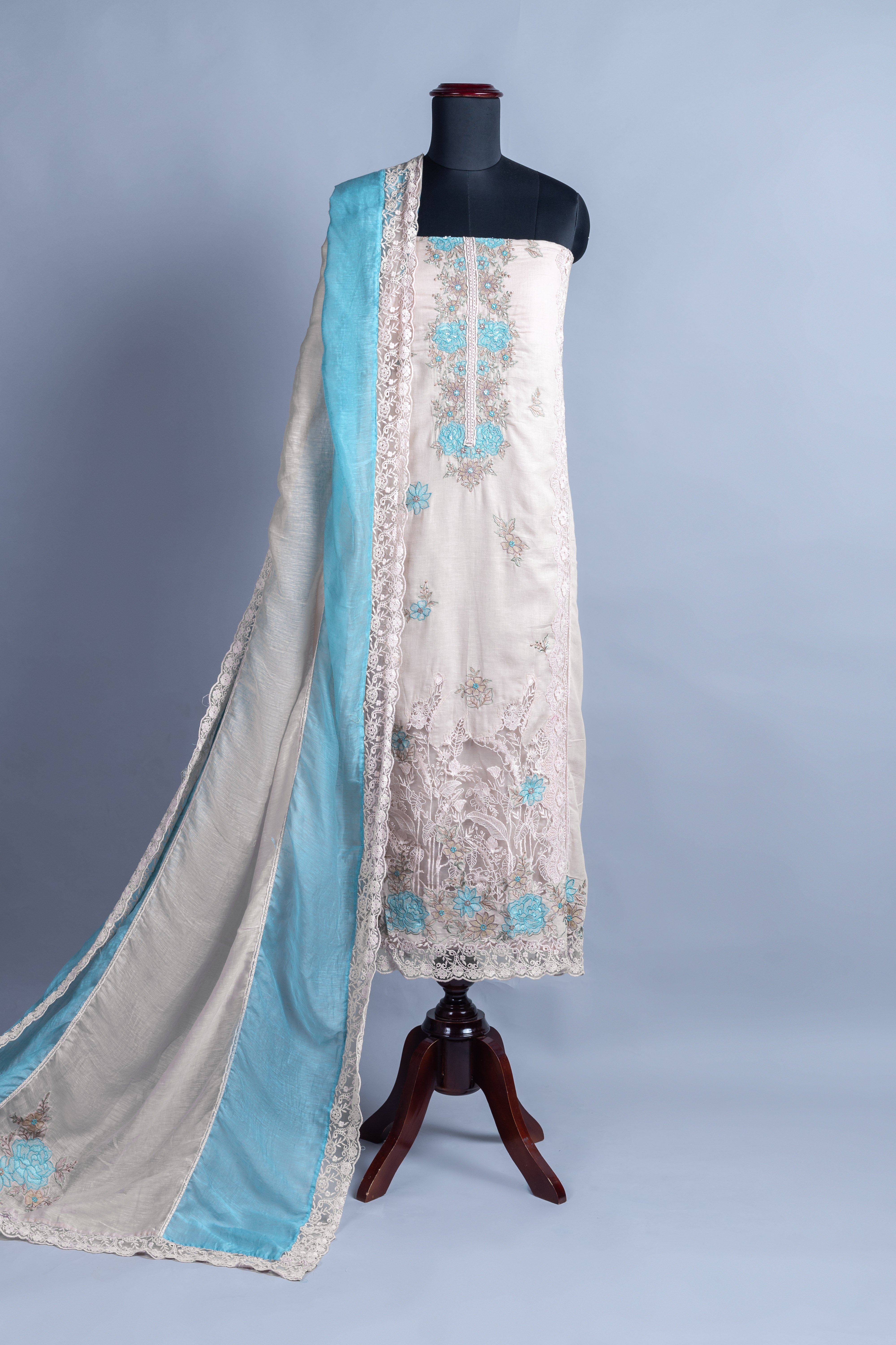 Afreen Cotton Linen Suit Set Ivory with light blue