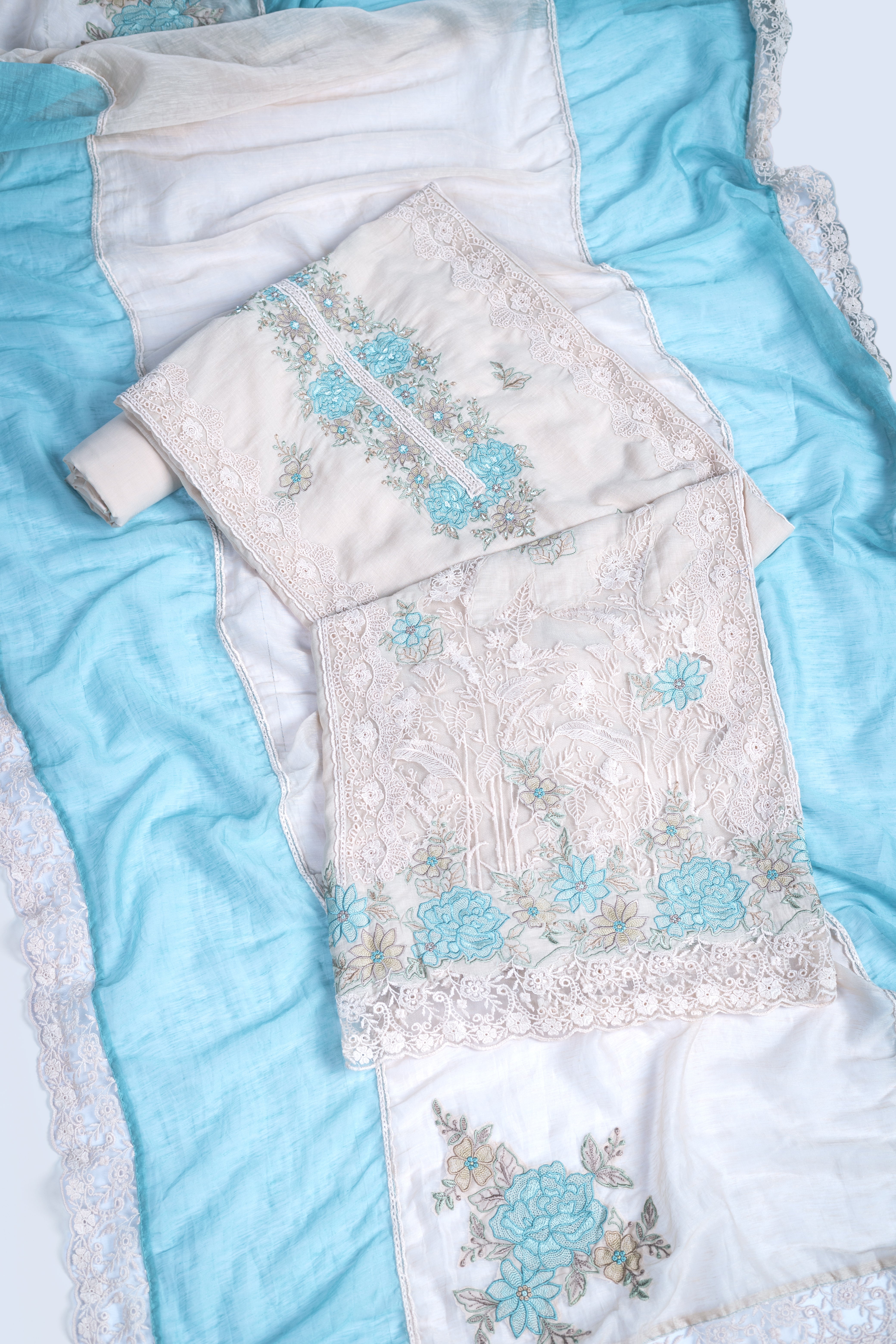 Afreen Cotton Linen Suit Set Ivory with light blue