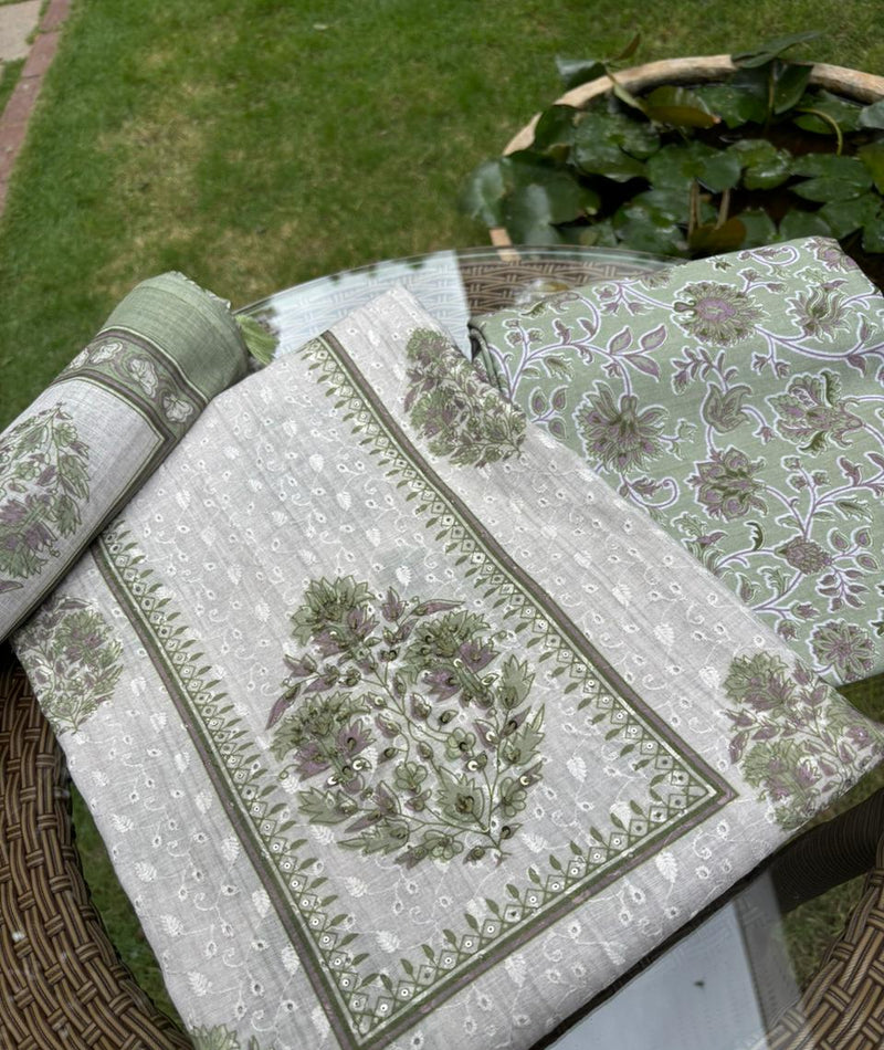 Linen Chanderi Green Unstitched Suit Set Sterling House
