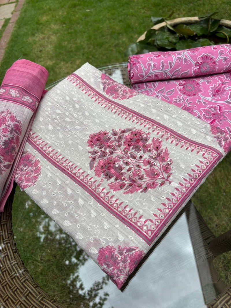 Linen Chanderi Pink Unstitched Suit Set Sterling House