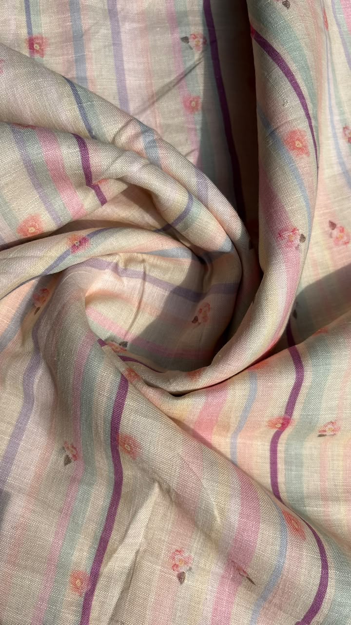 Pastel Multicolor Striped Floral Linen Fabric