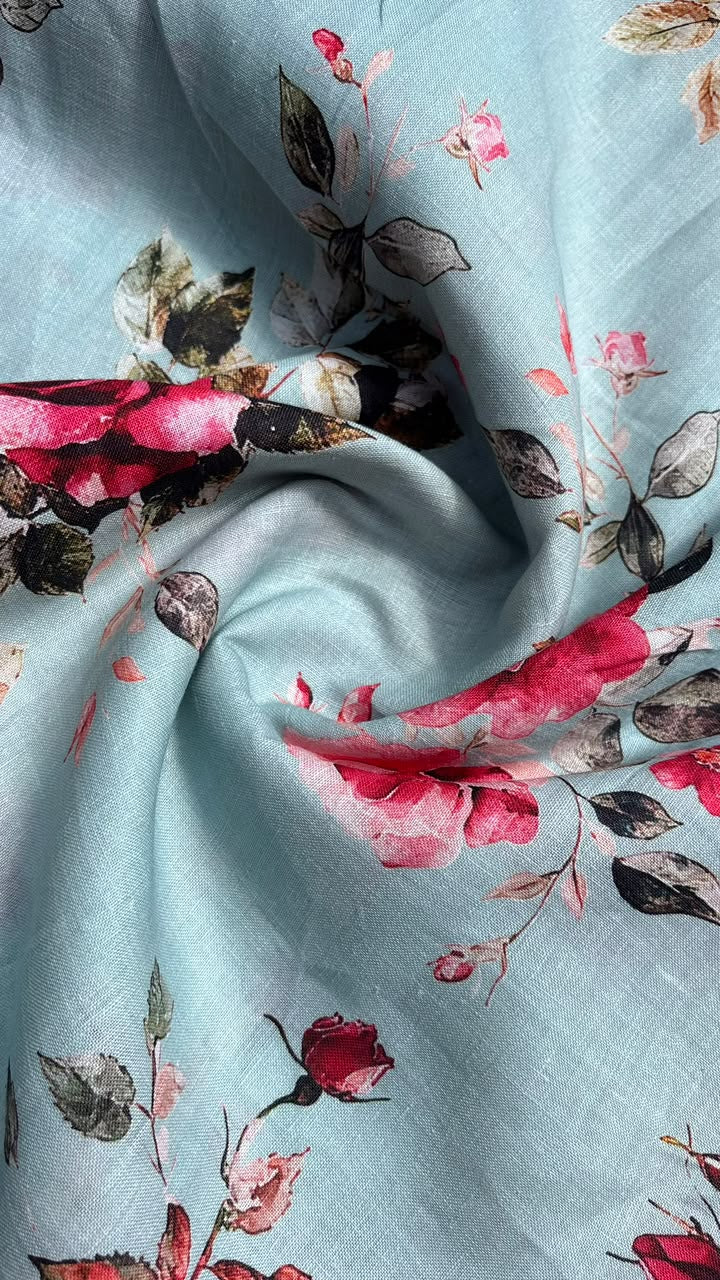 Dusty Blue Rose Printed Linen Fabric