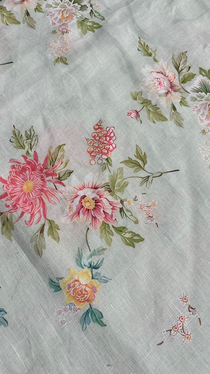 Sage Green Floral Botanical Linen Fabric