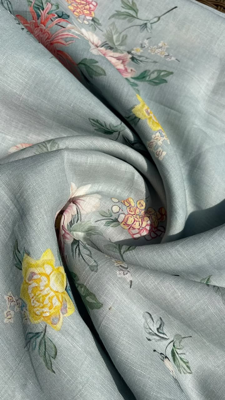 Dusty Blue Floral Botanical Linen Fabric