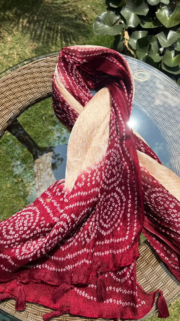 Crimson & Cream Bandhani Crushed Dupatta