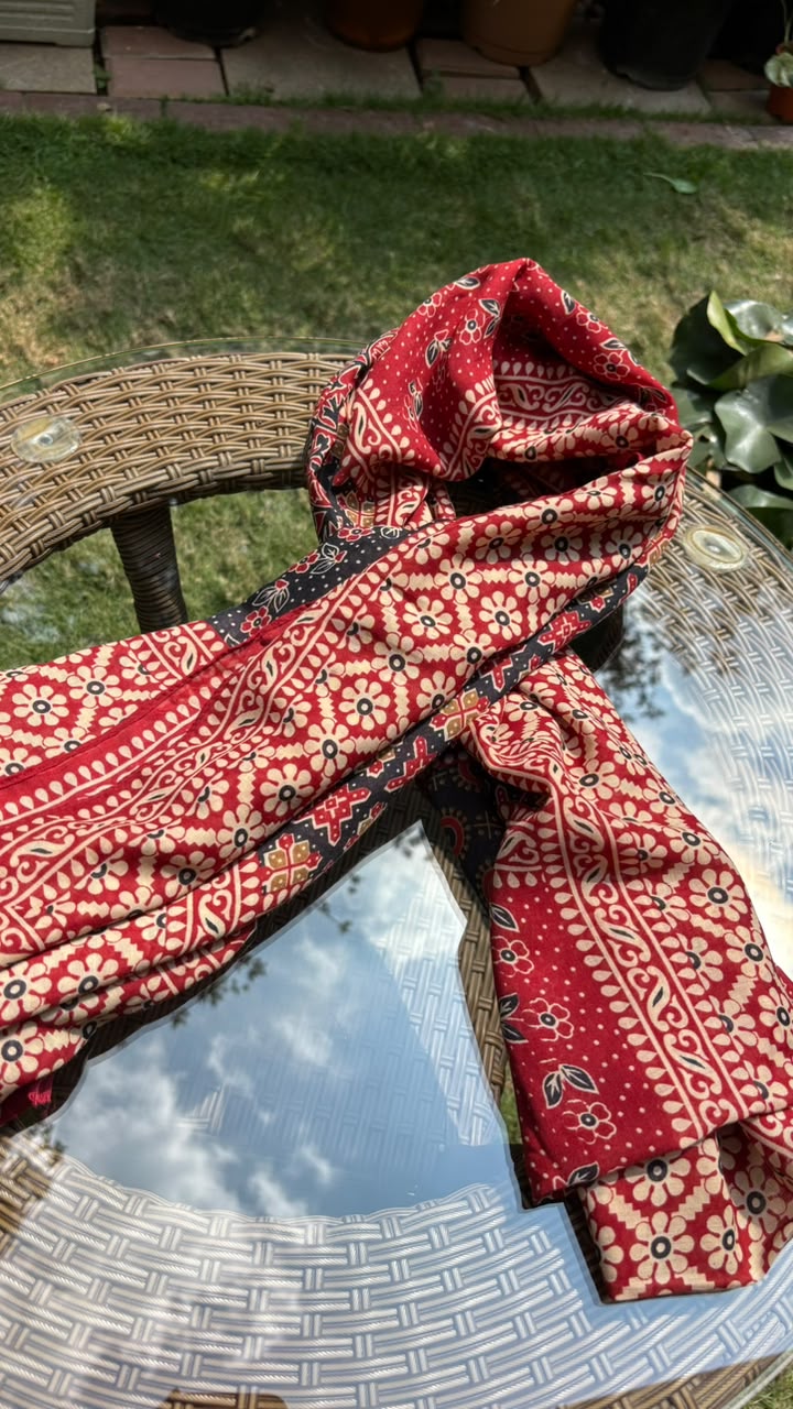 Red & Beige Floral Ajrakh Cotton Dupatta
