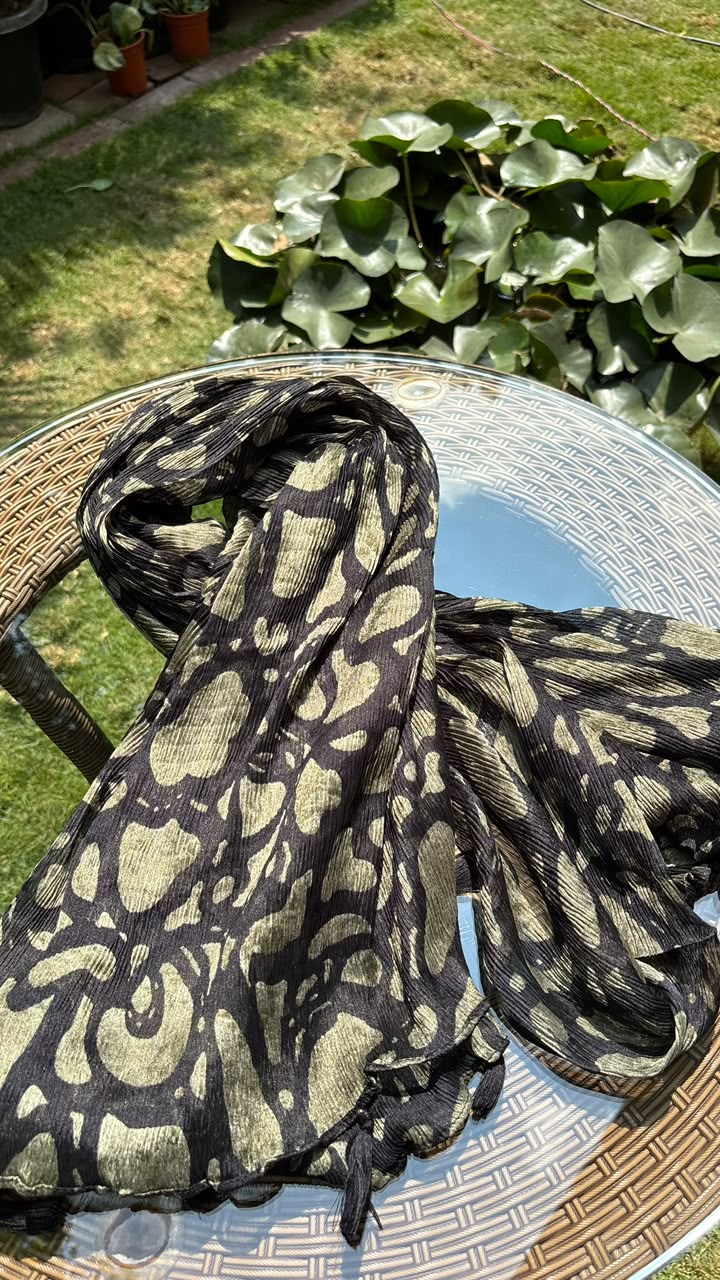 Black & Olive Abstract Printed Crushed Dupatta