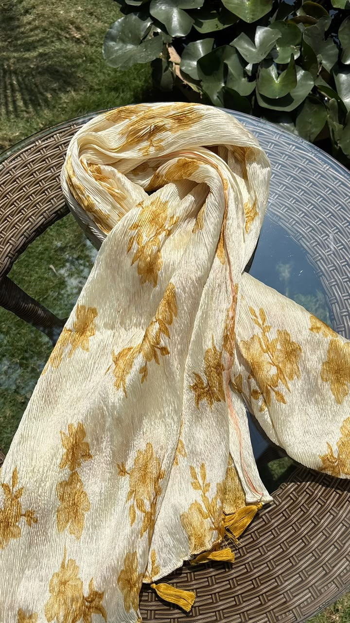 Cream & Mustard Floral Crushed Dupatta