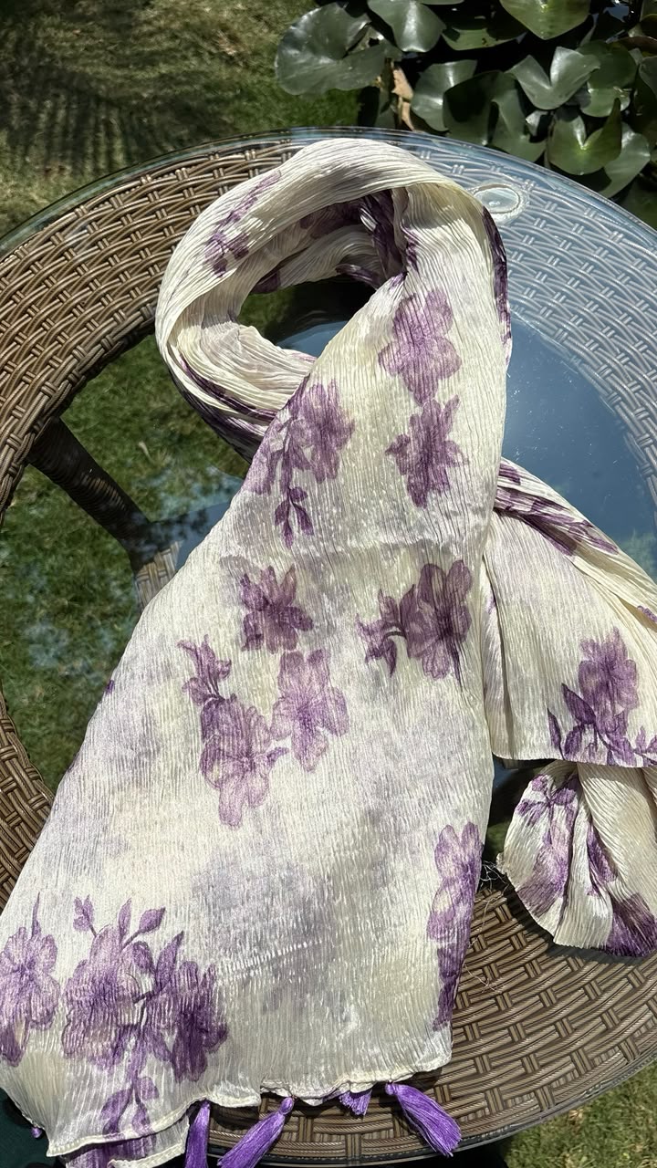 Cream & Purple Floral Crushed Dupatta