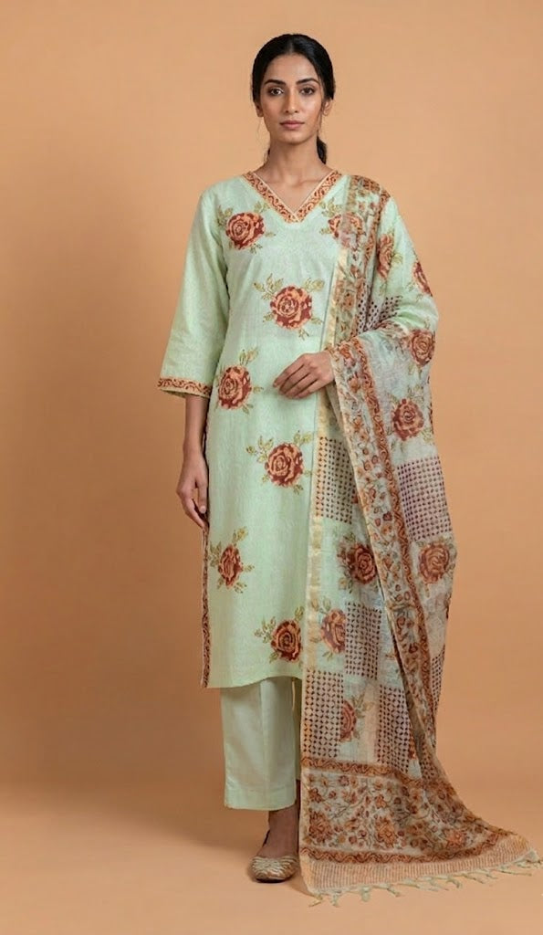 Afreen Pista Green Cotton readymade set