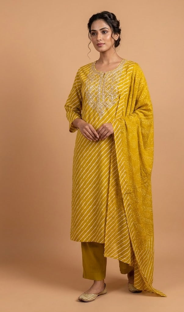 Anokhi Lime-yellow Bandhani Cotton Readymade Set Sterling House