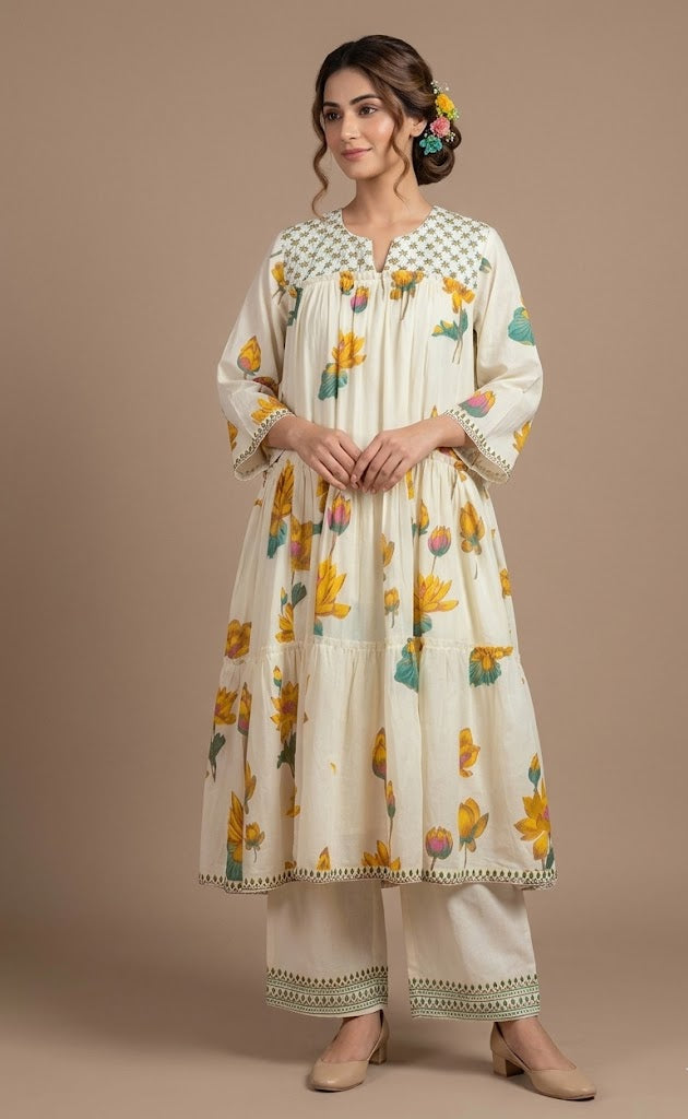 Afreen White with yellow A-Line Readymade Set