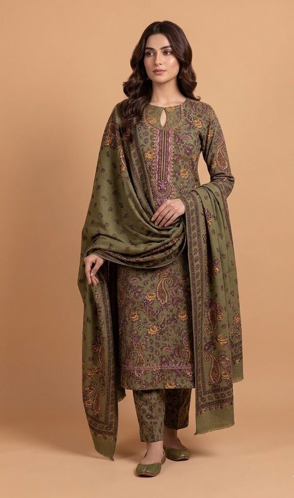 Afreen Olive Green Cotton Unstitched Suit set