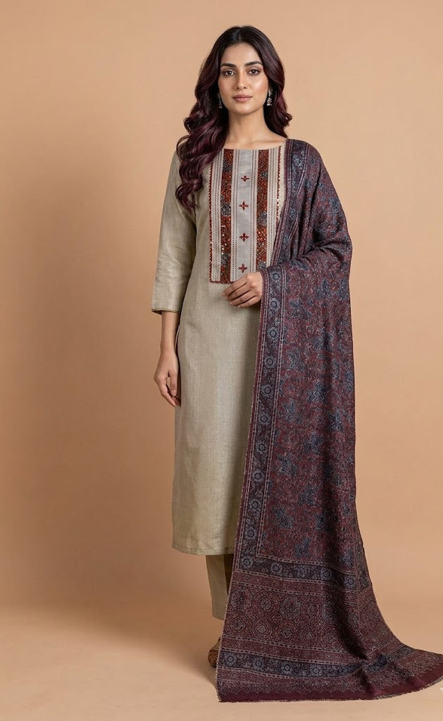 Beige With maroon Chanderi Silk unstitched Suit Set