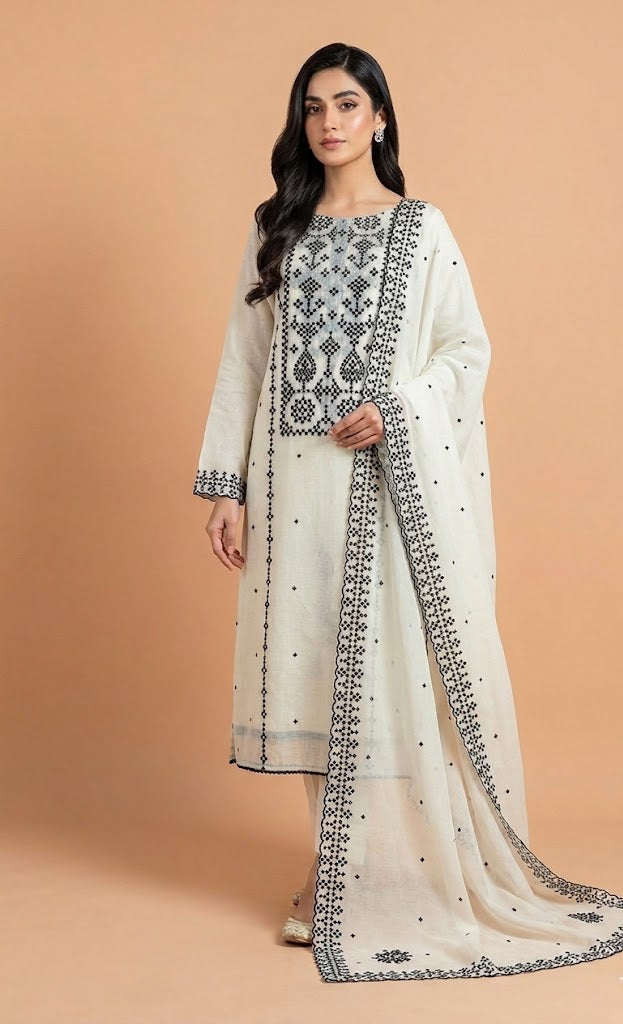 Luxe Mul Chanderi White With Black Unstitched Suit Set